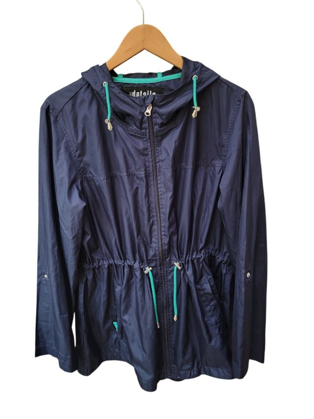 Womens XL Packable Navy Parka  Coat With Hood  Adjustable Waist By D.E.T.A.I.L.S